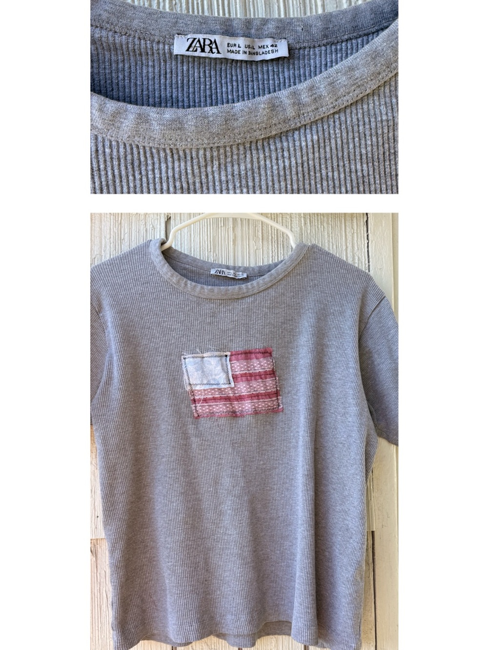 Zara Kids Gray Ribbed Tee with Pink & White Patch